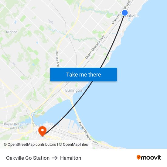 Oakville Go Station to Hamilton map