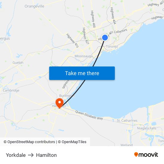 Yorkdale to Hamilton map