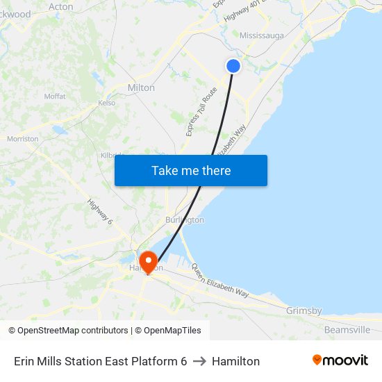 Erin Mills Station East Platform 6 to Hamilton map