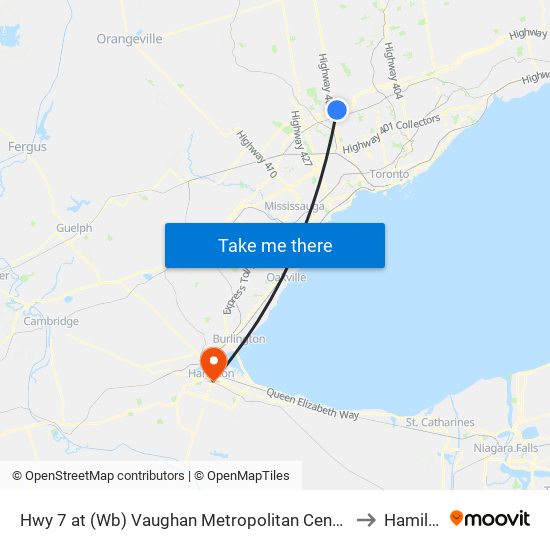 Hwy 7 at (Wb) Vaughan Metropolitan Centre Station to Hamilton map