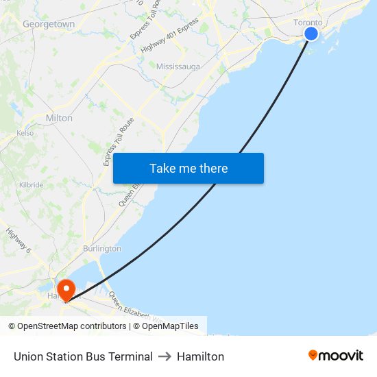 Union Station Bus Terminal to Hamilton map