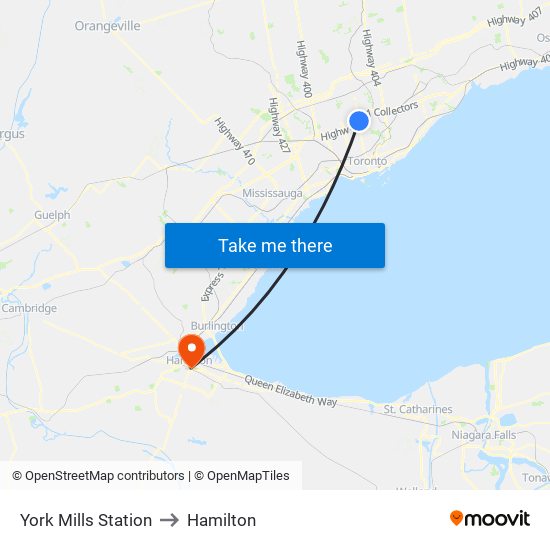 York Mills Station to Hamilton map