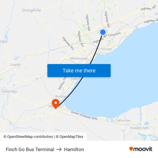 Finch Go Bus Terminal to Hamilton map