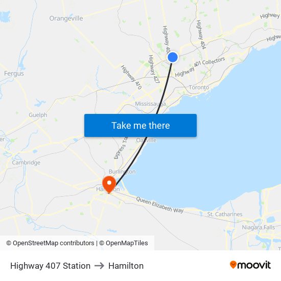 Highway 407 Station to Hamilton map