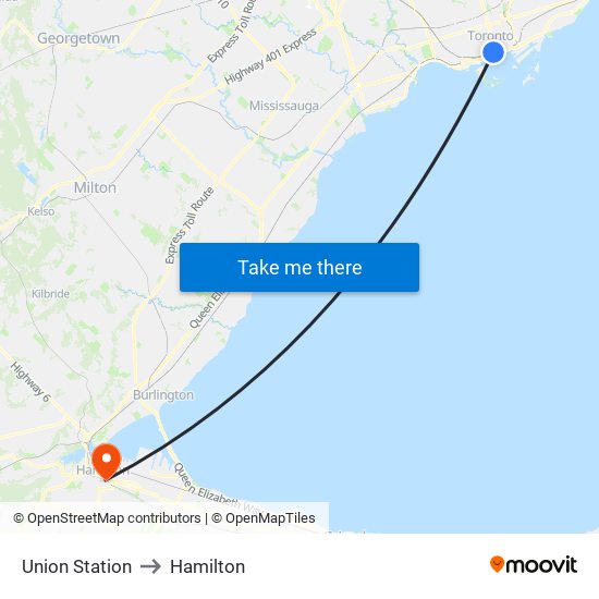 Union Station to Hamilton map