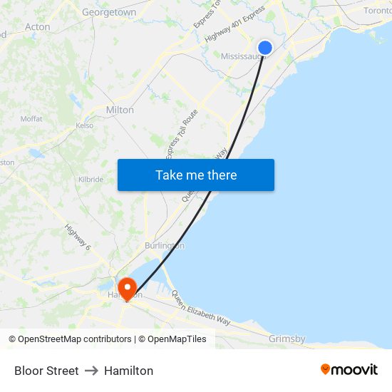 Bloor Street to Hamilton map