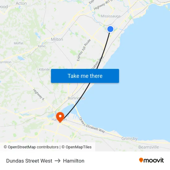 Dundas Street West to Hamilton map