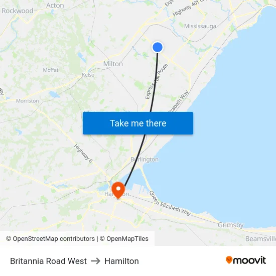 Britannia Road West to Hamilton map