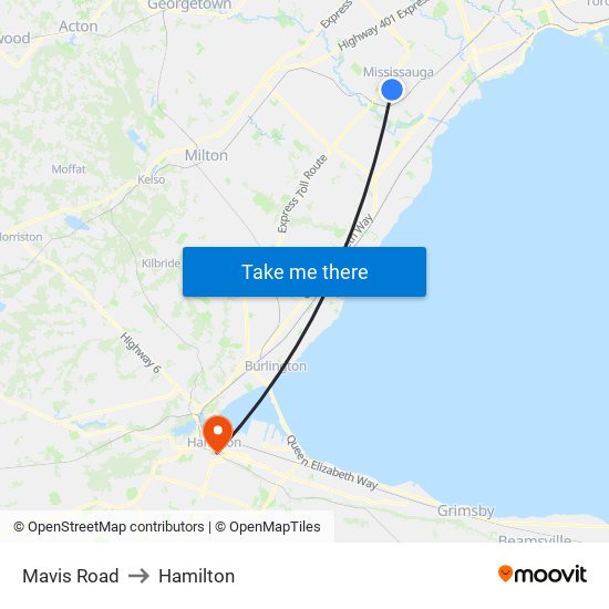 Mavis Road to Hamilton map
