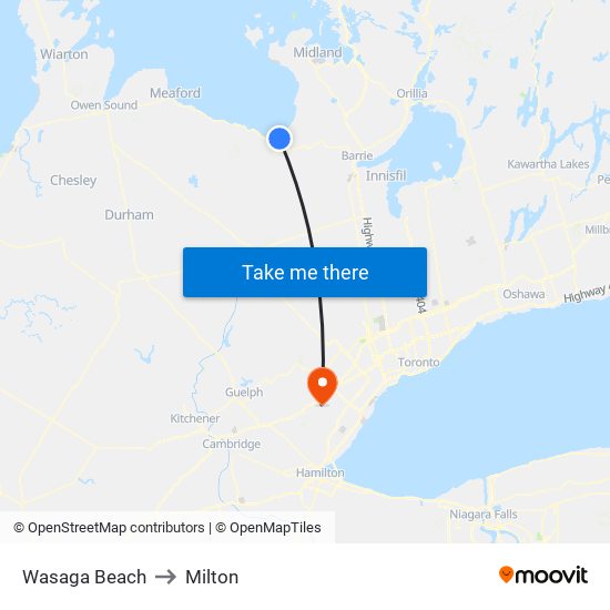 Wasaga Beach to Milton map