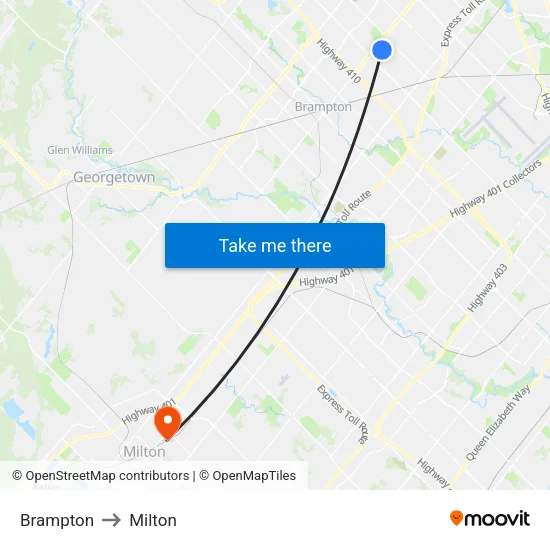Brampton to Milton map