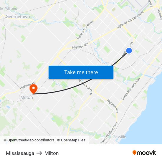 Mississauga to Milton map