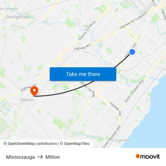 Mississauga to Milton map