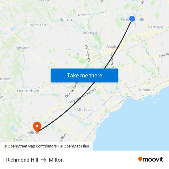 Richmond Hill to Milton map