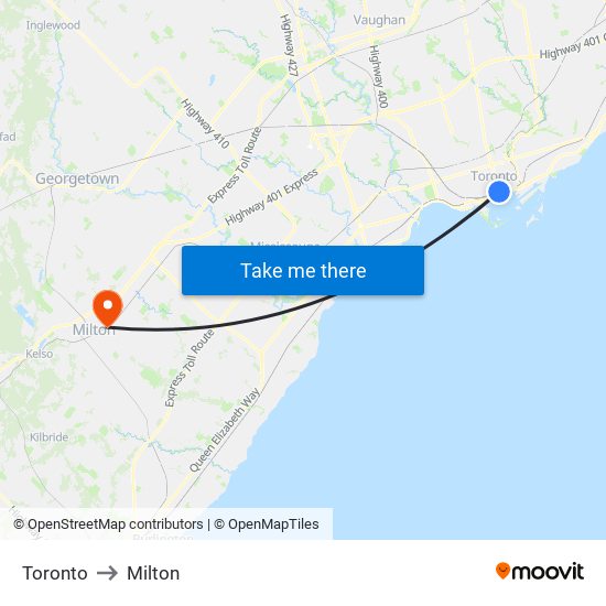 Toronto to Milton map