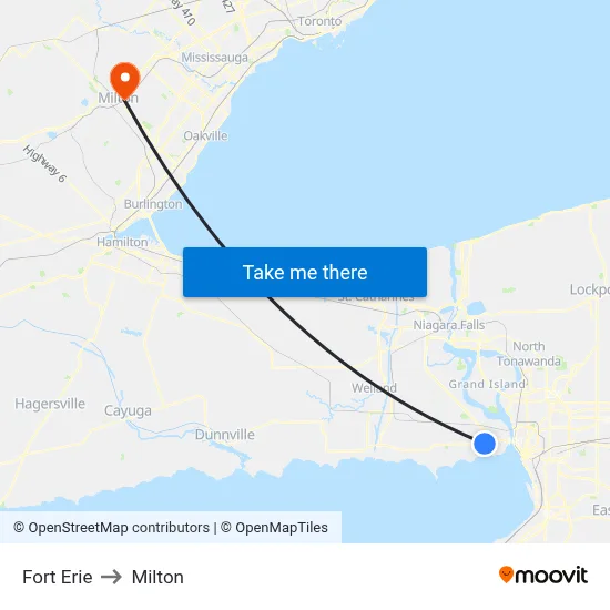 Fort Erie to Milton map