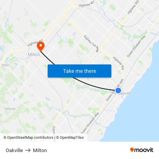 Oakville to Milton map