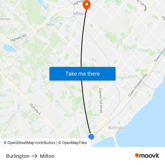 Burlington to Milton map