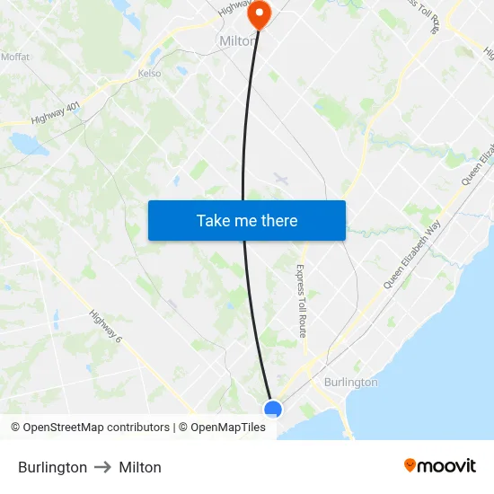 Burlington to Milton map