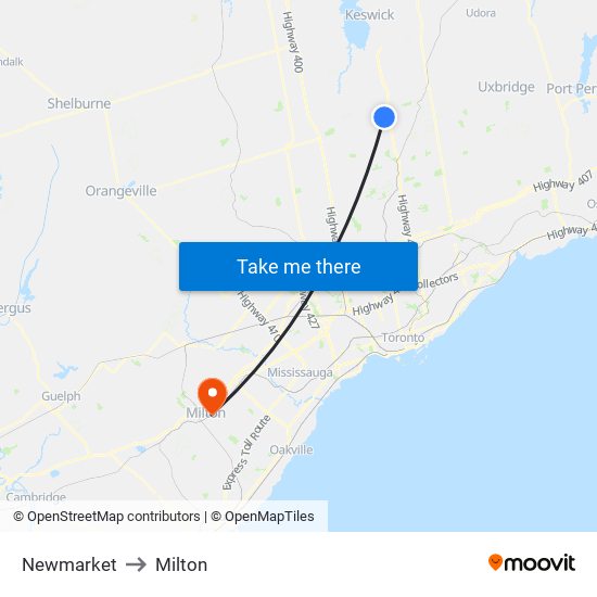Newmarket to Milton map