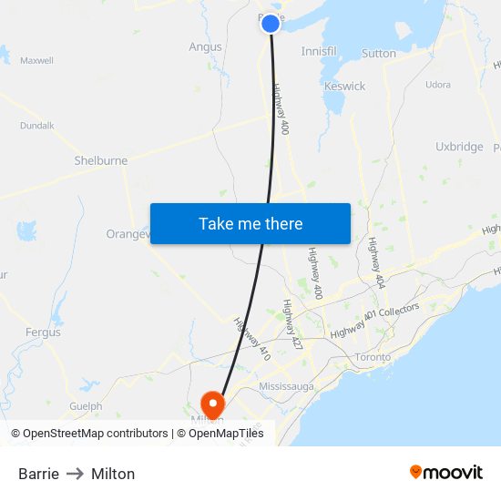 Barrie to Milton map