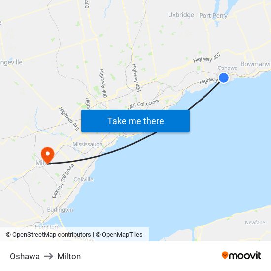 Oshawa to Milton map