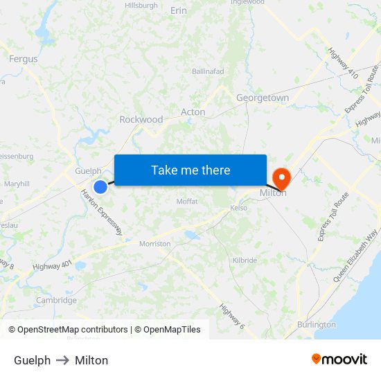 Guelph to Milton map