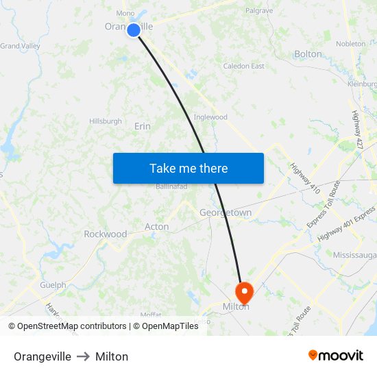 Orangeville to Milton map