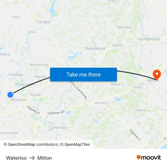 Waterloo to Milton map
