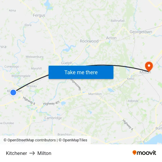 Kitchener to Milton map