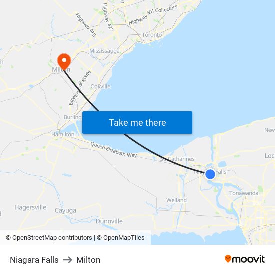 Niagara Falls to Milton map