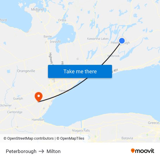 Peterborough to Milton map