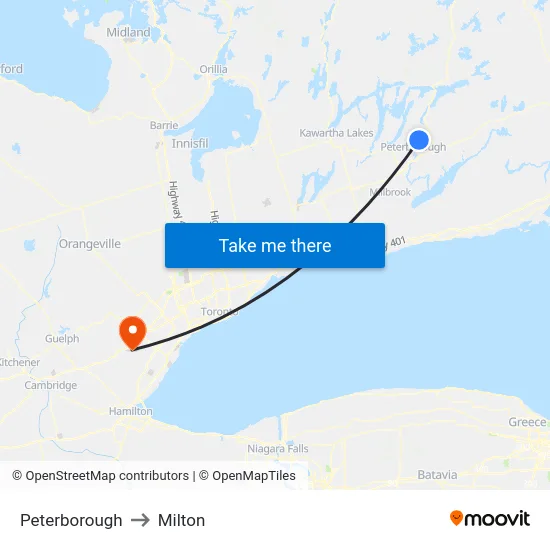 Peterborough to Milton map