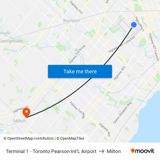 Terminal 1 - Toronto Pearson Int'L Airport to Milton map