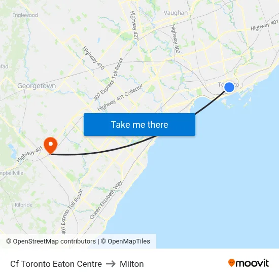 Cf Toronto Eaton Centre to Milton map