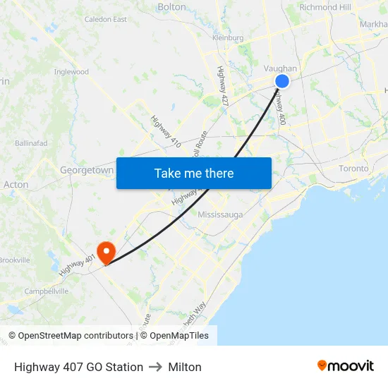 Highway 407 GO Station to Milton map