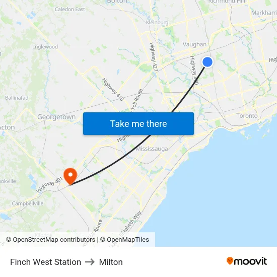Finch West Station to Milton map