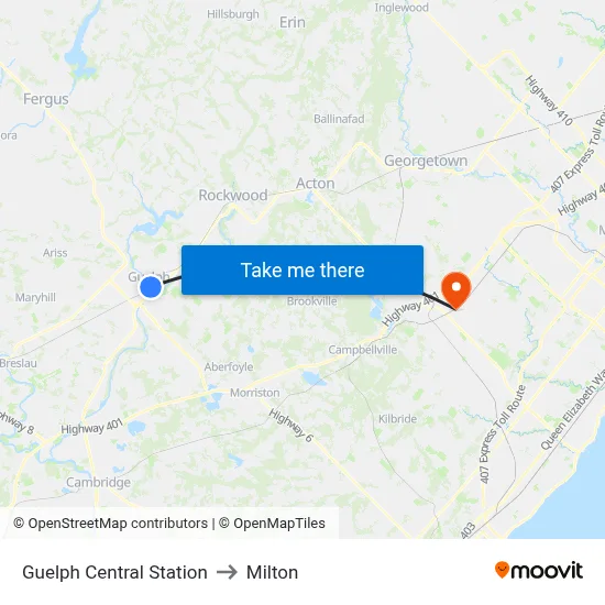 Guelph Central Station to Milton map