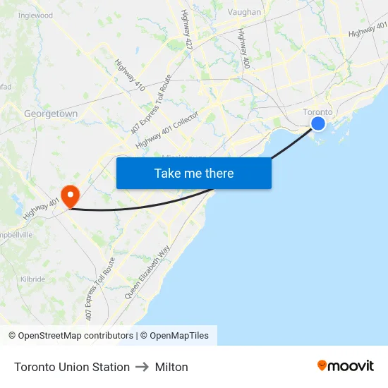 Toronto Union Station to Milton map