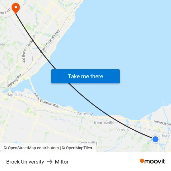 Brock University to Milton map