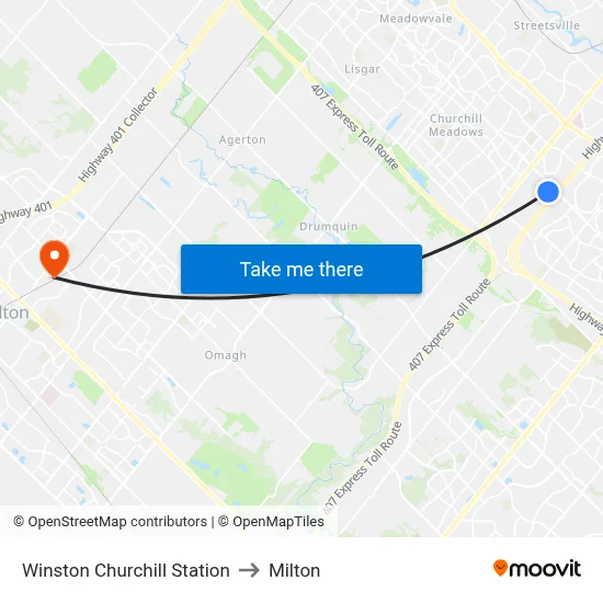 Winston Churchill Station to Milton map