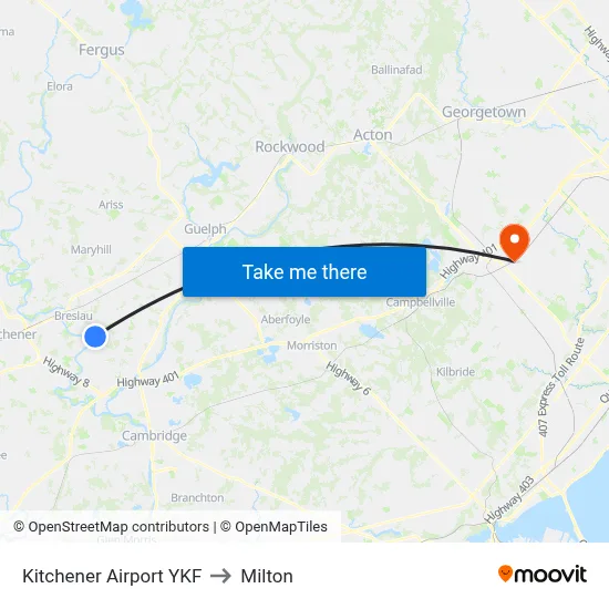 Kitchener Airport YKF to Milton map