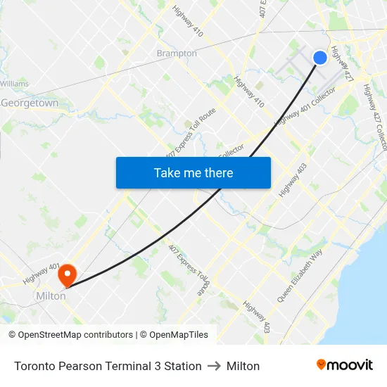 Toronto Pearson Terminal 3 Station to Milton map