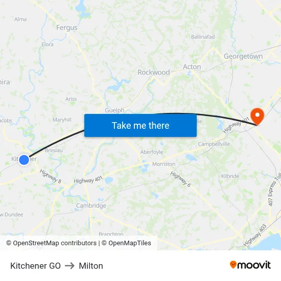 Kitchener GO to Milton map
