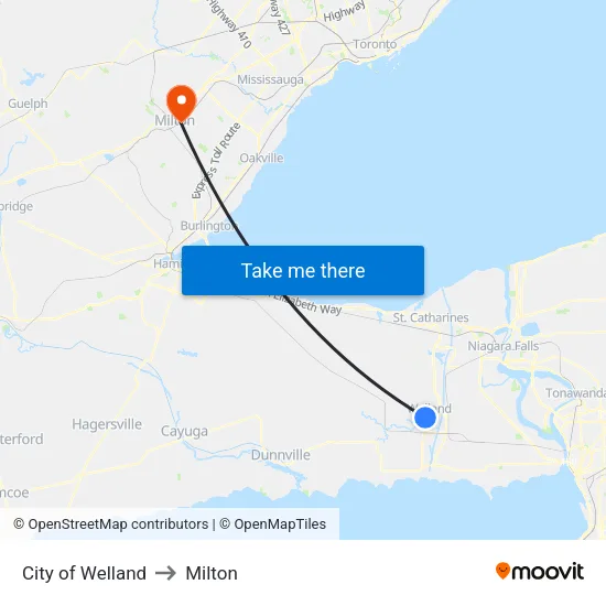 City of Welland to Milton map