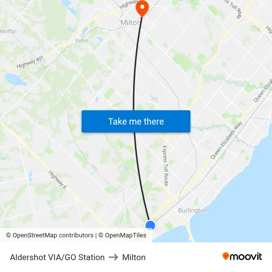Aldershot VIA/GO Station to Milton map