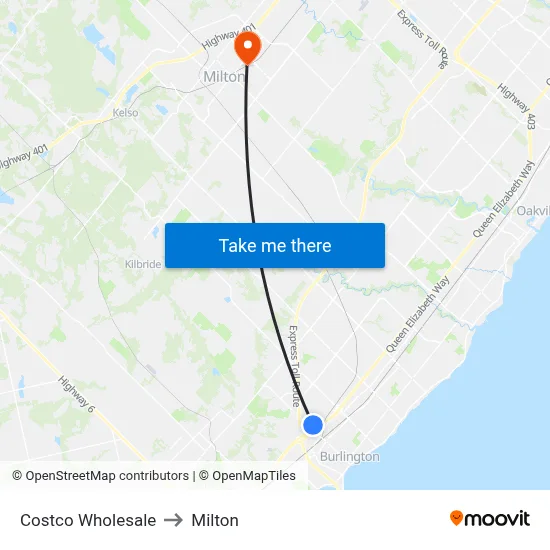 Costco Wholesale to Milton map