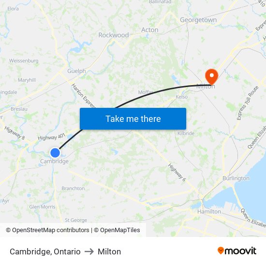 Cambridge, Ontario to Milton map
