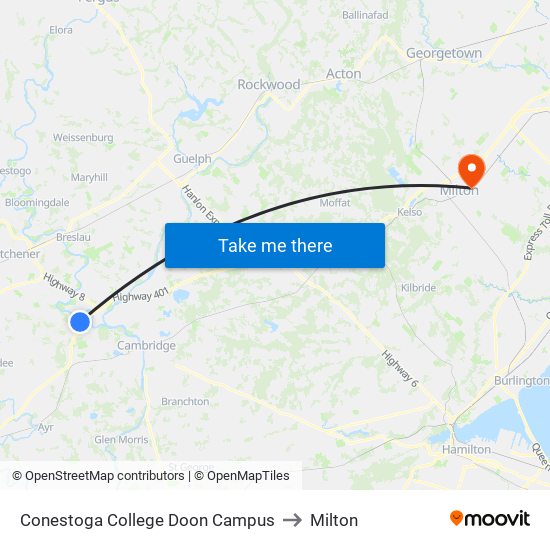 Conestoga College Doon Campus to Milton map