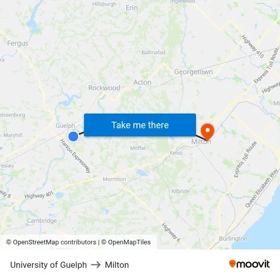 University of Guelph to Milton map